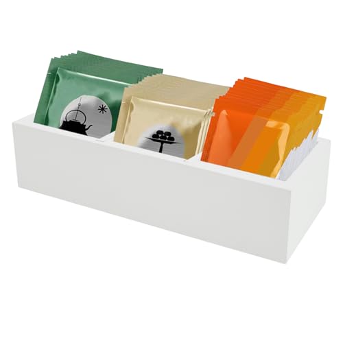 Teeboxen für Teebeutel mit 2 Herausnehmbare Trennwände 24×7.87×5.58cm Teebeutel Organizer mit 3 Fächer Wasserdicht Naturholz Mehrfunktionell Tee Aufbewahrung für Teebeutel (Weiß) von Fyeme