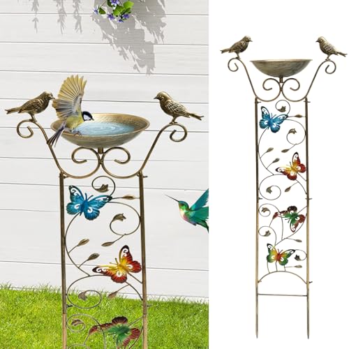 Vogeltränke Stehend 105×37cm Vogelbad Garten Metall mit Erdspieß Schmetterlings Kolibri Musterdesign Vogeltränke Winterfest Wassertränke für Vögel für Garten Terrasse Innenhof Rasen (Schmetterling) von Fyeme