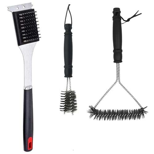 Fyfjur 3 Stück Grill Bürste, 39,2CM Wärmedämmung Long Griff Grillbürste Edelstahl mit Grillschaber + Dreiecke Drahtbürste Grill + Doppelreihe Grillrost Bürste, Einfach Effizient Grillreiniger Bürste von Fyfjur