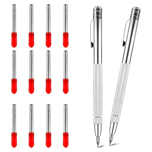 Fyihoxi Wolframcarbid Stift 2 Stück Anreissnadel Hartmetall mit Magnet, Anreißwerkzeug mit 12 Ersatz Red Hat Markierspitzen für Glas/Metallblech von Fyihoxi