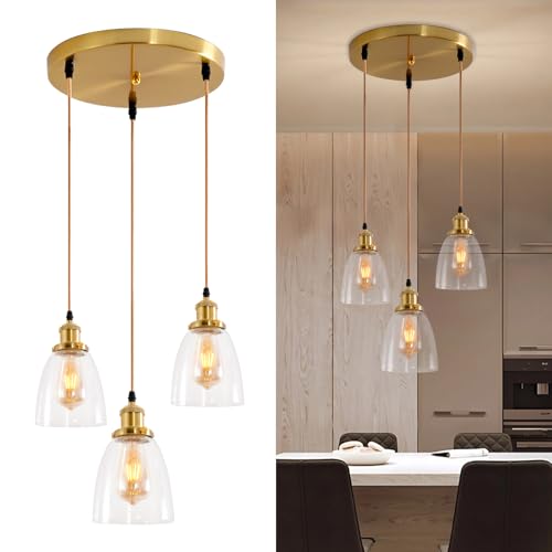 Fynokst Industrial Retro Loft 3-Wege-Pendelleuchte3-Flammig, 2m Verstellbare Länge Glockenglas-Lampenschirm mit E27 Lampenfassung, Pendelleuchte Deckenlampe Vintage Hängeleuchte für Küche Keller Gold von Fynokst