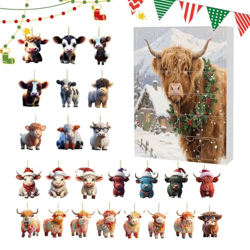 Fyrdyn 24 Tage Hochlandrind Weihnachts Adventskalender,24-Tägiger Weihnachts Kuh Schmuck Countdown Kalender | Flache 8x8cm Acrylornamente Für Auto Innenspiegel Baum Wand Tür Fenster Party Deko von Fyrdyn