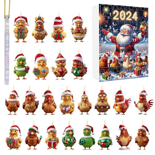 Fyrdyn Adventskalender Huhn Weihnachten | 24 Türchen Mit Süßen Hühner-Anhängern Countdown Kalender | 2D Acrylic Flachanhänger Huhn Charm Für Christbaumschmuck Wanddekoration Auto-Innenspiegel von Fyrdyn