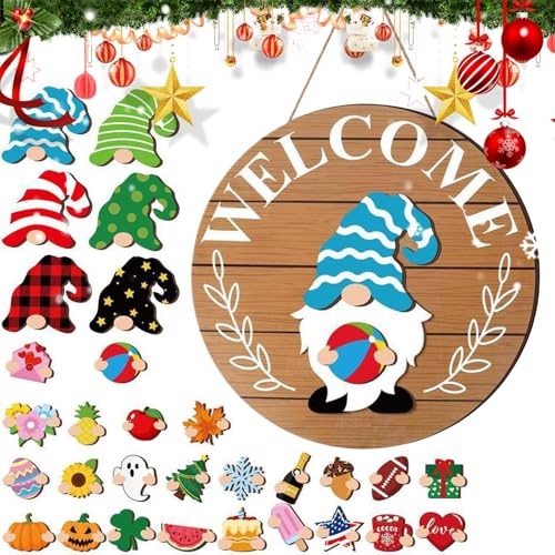 Fyrdyn Austauschbares Gartenzwerg Willkommensschild für Türen,Wechselbare Deko aus Holz - Festdekoration Mit Magnetischen Teilen Und Abnehmbaren Hüten | Für Wand Außenbereich Garten Weihnachten von Fyrdyn