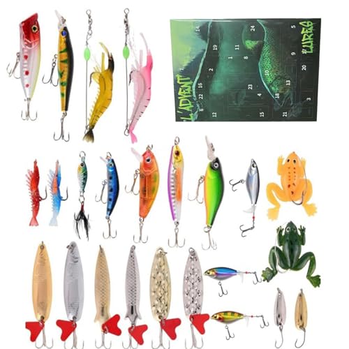Fyrdyn Fishing Lure Countdown Kalender - 24 Tage Adventskalender Weihnachtsfischen Köder Kalender | Angelbegeisterte Outdoor Ausrüstung für Fluss Teich See Fluss Reservoir von Fyrdyn