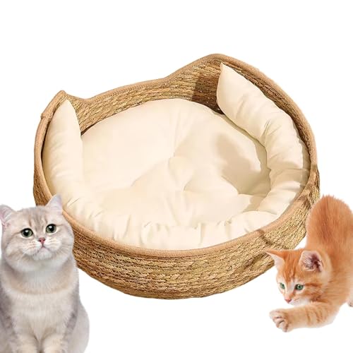 Fyrdyn Katzenbett | Geflochtener Katzenkorb Mit Kissen Und Polster - Ganzjahres Indoor Flechtung Haustier Ruhekratzschlafmöbel - Für Katze Hund Welpen Alle Rassen von Fyrdyn