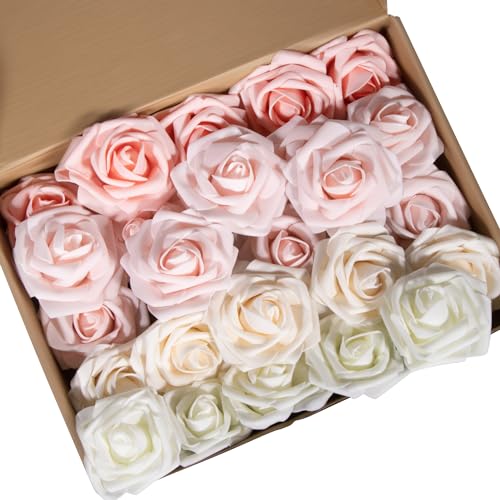 Fyshird Künstliche Rosen 25 Stück Wie Echt Blumen Deko Fake Flowers Rosa für Hochzeitsdeko Geburtstagsdeko Party Valentinstag (Rosa Serie) von Fyshird