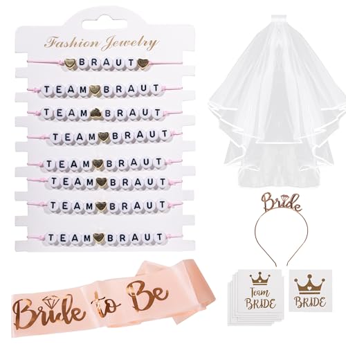 JGA Accessoires Frauen Set - Schleier JGA, Bride to Be Schärpe & Haarreifen, Team Bride Armbänder & Tattoos - Junggesellinnenabschied Frauen für Hochzeit Fotorequisiten Bachelorette Party Accessories von Fyshird