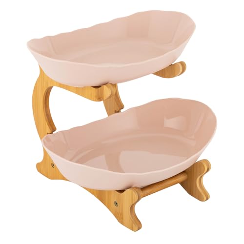 Fyssnn 2-Stöckige Obstschale Obstserviertablett Modern Obstkorbständer Obstschale mit Bambusholzständer Geeignet für Tische Hochzeiten Partys Schautische Nachmittagstee usw (Beige) von Fyssnn