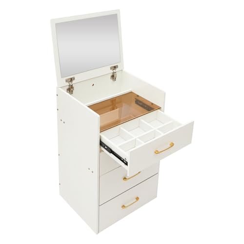 Fyssnn 3 in 1 Modern Kleines Schminktisch Set mit Stuhl & Spiegel Platzsparender Kosmetiktisch mit sichtbarer Glasplatte & 3 Schubladen Frisiertisch für Schlafzimmer (Weiß) von Fyssnn