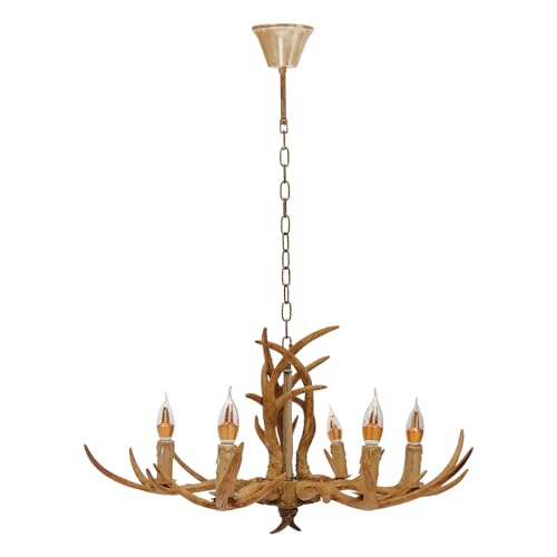 Fyssnn 6 Kopf Geweih Retro Pendellampe Braun Hirschgeweih Lampe Decke 220V Kunstharz Lampe Geweih Geeignet für Wohnzimmer Schlafzimmer Esszimmer Bar Cafe und Andere Orte (B Modellnummer) von Fyssnn