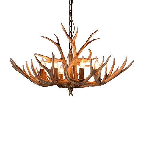 Fyssnn 6 Kopf Geweih Retro Pendellampe Braun Hirschgeweih Lampe Decke 220V Kunstharz Lampe Geweih Geeignet für Wohnzimmer Schlafzimmer Esszimmer Bar Cafe und Andere Orte (H Modellnummer) von Fyssnn