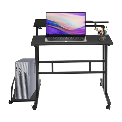 Fyssnn 80cm Höhenverstellbarer Desk Klappbarer Schreibtisch mit 2 Platten & Rollen Multifunktionstisch Computertisch bis 44lbs Büroschreibtisch Klapptisch für Home Kinder kleine Räume (Schwarz) von Fyssnn