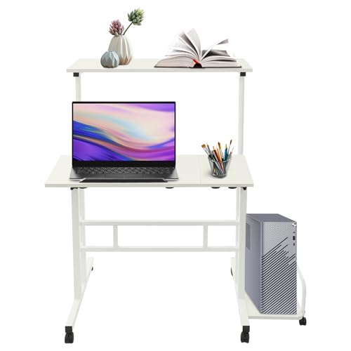 Fyssnn 80cm Höhenverstellbarer Desk Klappbarer Schreibtisch mit 2 Platten & Rollen Multifunktionstisch Computertisch bis 44lbs Büroschreibtisch Klapptisch für Home Kinder kleine Räume (Weiß) von Fyssnn
