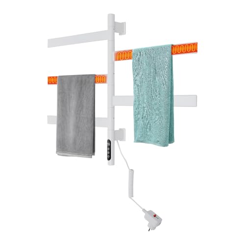 Fyssnn Elektrischer Handtuchheizkörper mit 5 Stangen 180° Drehung, 120W Handtuchtrockner mit Timer & Thermostat, IPX5 Wasserdicht, LED-Display, Berührungstasten, Wandmontage Badheizkörper (Weiß) von Fyssnn
