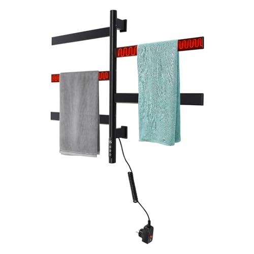 Fyssnn Elektrischer Handtuchheizkörper mit 5 Stangen 180° Drehung, 120W Handtuchtrockner mit Timer & Thermostat, IPX5 Wasserdicht, LED-Display, Berührungstasten, Wandmontage Badheizkörper (Schwarz) von Fyssnn