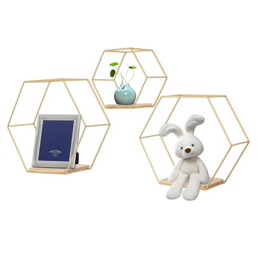 Fyssnn Wandregal Metall 3er Set Hexagon Wandregal Hängeregal Deko Hängeregal Loft Wandregale Geeignet für Schlafzimmer Wohnzimmer Eingangsbereiche Küchen usw (Gold) von Fyssnn