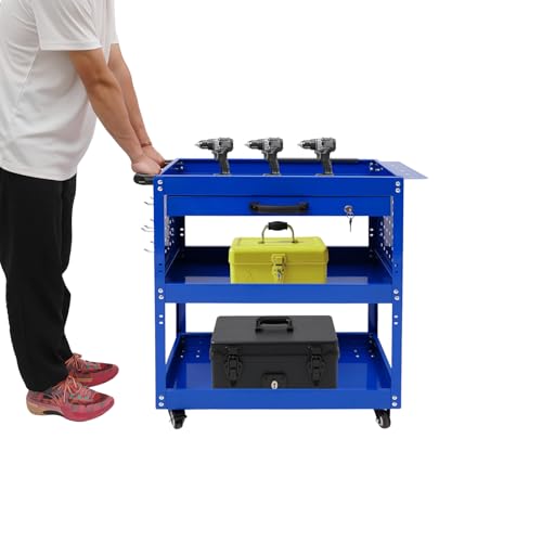 Fyssnn Werkstattwagen 250kg Tragkraft mit 3 Etagen & Abschließbarer Schublade Rollwagen mit 4 Rollen & Haken Stahl Werkzeugwagen für Werkstatt, Garage, Heavy Equipment (Blue) von Fyssnn