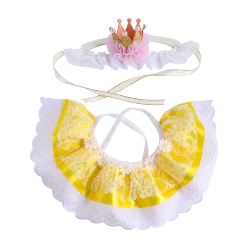 FytStycale 2 Stück Haustier Kostüm Set mit Prinzessin Krone Und Spitzenlätzchen Als Hundehalstuch Und Kopfschmuck Aus Weichem Polyester für Festliche Anlässe Un, Gelb von FytStycale