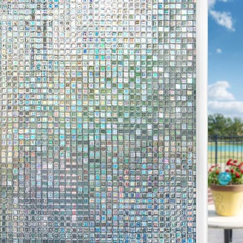 Fyuein Fensterfolie Blickdicht Selbsthaftend 3D Sichtschutzfolie Fenster Bunt Regenbogen Statisch Dekorfolie Privatsphäre mit Rakel und Handmesser (Mosaik - Transparent, 75x200CM) von Fyuein