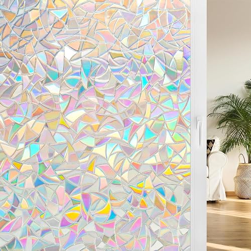 Fyuein Fensterfolie Blickdicht Selbsthaftende Regenbogen Fensterfolie 3D Bunt Statisch Haftend Dekorfolie Sichtschutzfolie Anti UV Sonnenschutz für Wohnzimmer Büro(Regenbogen - Halbmond, 60x300CM) von Fyuein