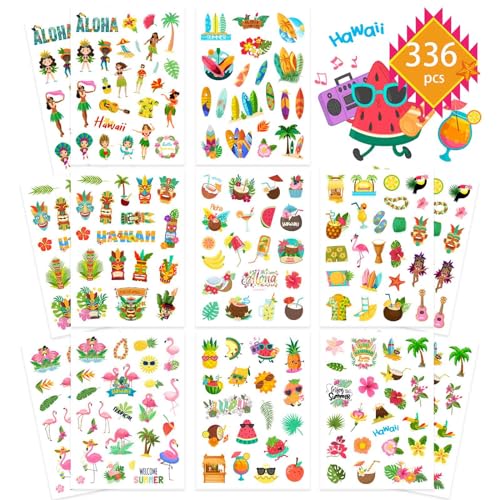 Sommer Aufkleber, Fyvadio Sommer Pool Strand Klebeaufkleber, 336PCS Hawaii Aufkleber für Mädchen Jungen Geburtstag Einladungen Umschläge Dekorationen Party Goodie Geschenke Taschen Dekor Schule Spiel von Fyvadio