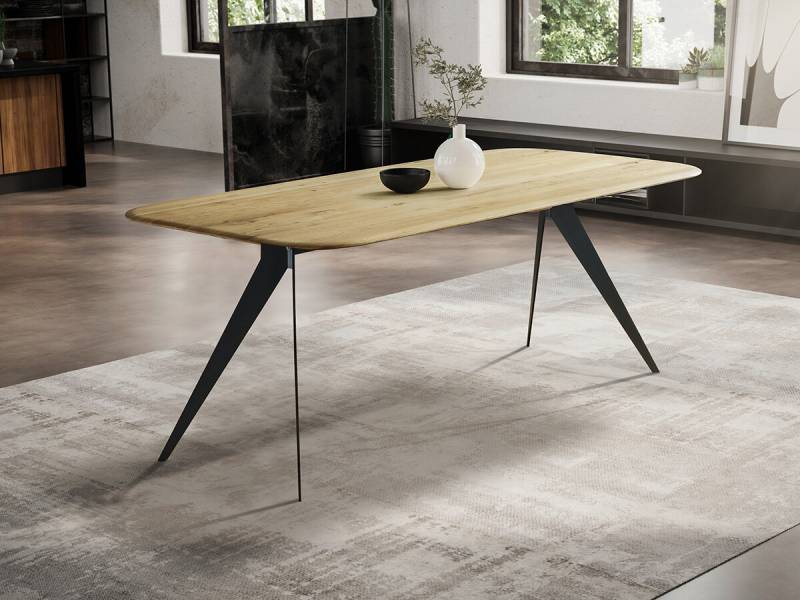 G+K Tisch 670, 160x90 R200 Runde Kante, Wildeiche massiv geölt, Modern-Gestell Metall schwarz von G+K Möbel