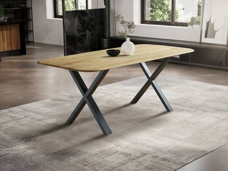 G+K Tisch 670, 160x90 R200 Runde Kante, Wildeiche massiv geölt, X-Gestell Metall schwarz von G+K Möbel