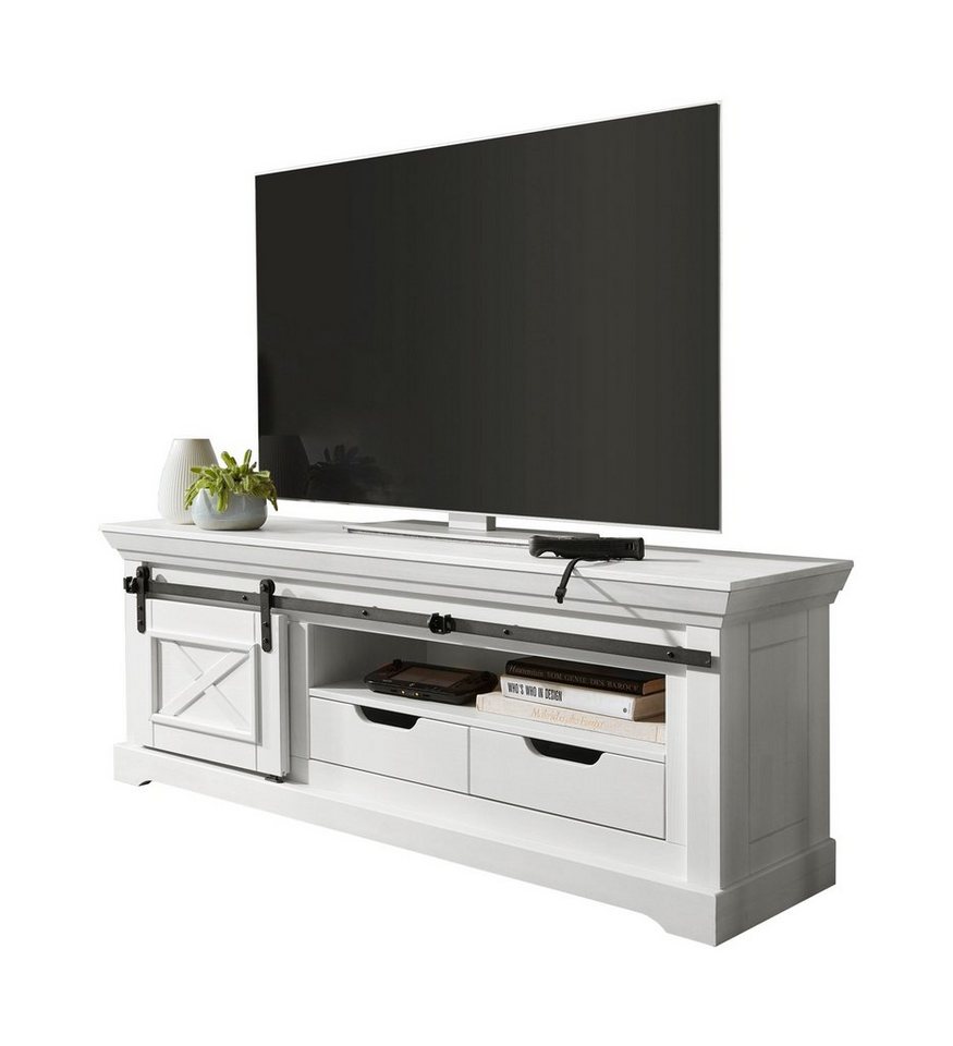 G+K Möbelvertriebs GmbH Lowboard TV-Element, ASPEN, Weiß, B 153 cm, T 40 cm, Kiefernholz massiv gewachst, mit 1 Rolltür und 2 Schubladen von G+K Möbelvertriebs GmbH