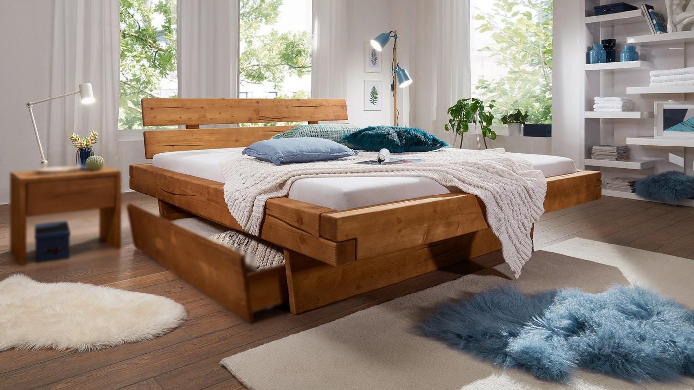 G+K Möbelvertriebs GmbH Massivholzbett Bett Geno Balkenbett Fichte massiv eichefarben geölt 180x200, Astlöchern und Rissen von G+K Möbelvertriebs GmbH