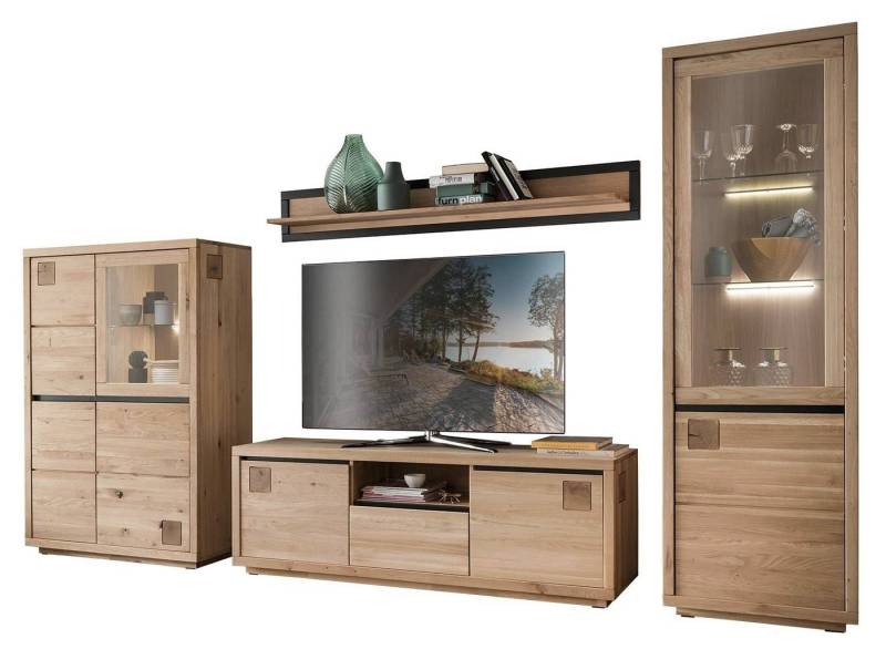 G+K Möbelvertriebs GmbH Wohnwand WZ-0159, 4-teilig, Braun, Schwarz, Wildeichenholz massiv, ohne Beleuchtung, B 338 x H 205 x T 40 cm von G+K Möbelvertriebs GmbH