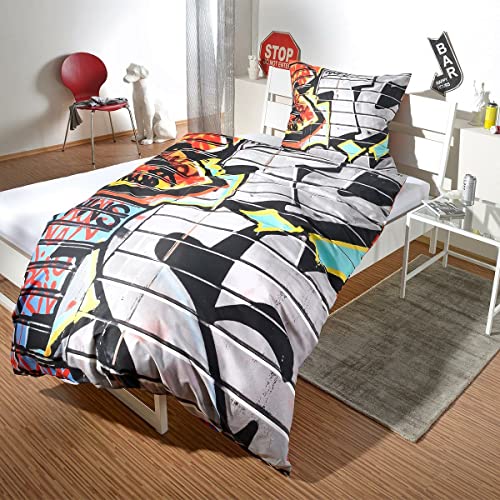 G BETTWARENSHOP Biber Bettwäsche Set Graffiti • mega Coole Bunte Jugendzimmer Bettwäsche NYC Street Art Design aus 100% Baumwolle mit Reißverschluss 155x220 cm + 80x80 cm von G BETTWARENSHOP