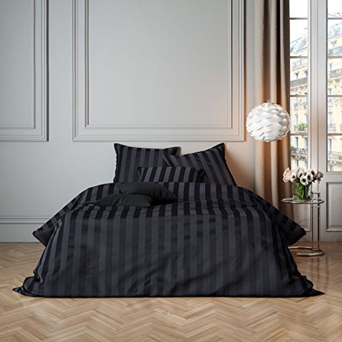 G Bettwarenshop Edle Baumwoll-Mako Satin Bettwäsche Im Zeitlosen Schlichten Streifen Design Mit Reißverschluss Bettbezug einzeln 200x220 cm schwarz von G Bettwarenshop