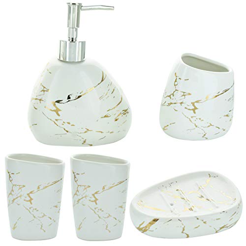 G Decor Designer Badezimmerzubehör aus Keramik, matt, cremeweiß und silberfarben, Marmoreffekt, inklusive Flüssigseifen- oder Lotionspender, Zahnbürstenhalter, Becher, Seifenschale (weißer und von G Decor