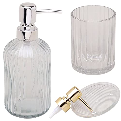 G Decor Modernes transparentes gepresstes Glas 3-teiliges Badezimmer-Zubehör-Set, inklusive Flüssigseifen- oder Lotionspender, Zahnbürstenhalter, Seifenschale (klar) von G Decor