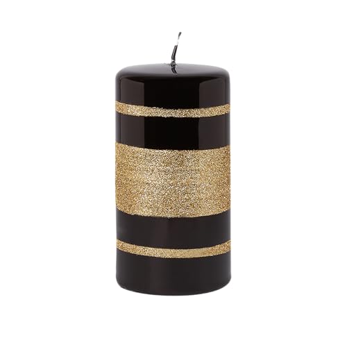 G Decor Stumpenkerzen in Kugelform mit gestreiftem Glaseffekt und Glitzerglanz, Schwarz und Gold (große Stumpenkerze) von G Decor