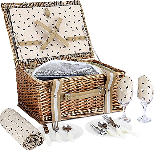 G Good GAIN Picknickkorb 2 Personen aus Weidenholz,mit Großer Isolierter Kühltasche und Wasserdichter Picknickdecke, Picknick Set Korb aus Weidengeflecht, für Camping,Outdoor,Valentinstag,Weihnachten von G GOOD GAIN
