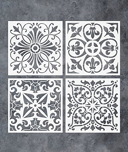 GSS Designs 4 Stück Schablonen Set (15,2 x 15,2 cm) Fliesenschablone Malerei auf Bodenfliesen Wandstoff Holzmöbel – lasergeschnittene wiederverwendbare Schablonen (SL-018) von G GSS Designs