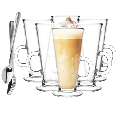 Glasmark KROSNO 1992 Gläser Set Kaffeegläser Mit Henkel Und Löffeln Latte 6 Stück 250 ml Kaffee Tee Latte Glas Teetassen Glasbecher Trinkglas Spülmaschinenfest von Glasmark KROSNO 1992