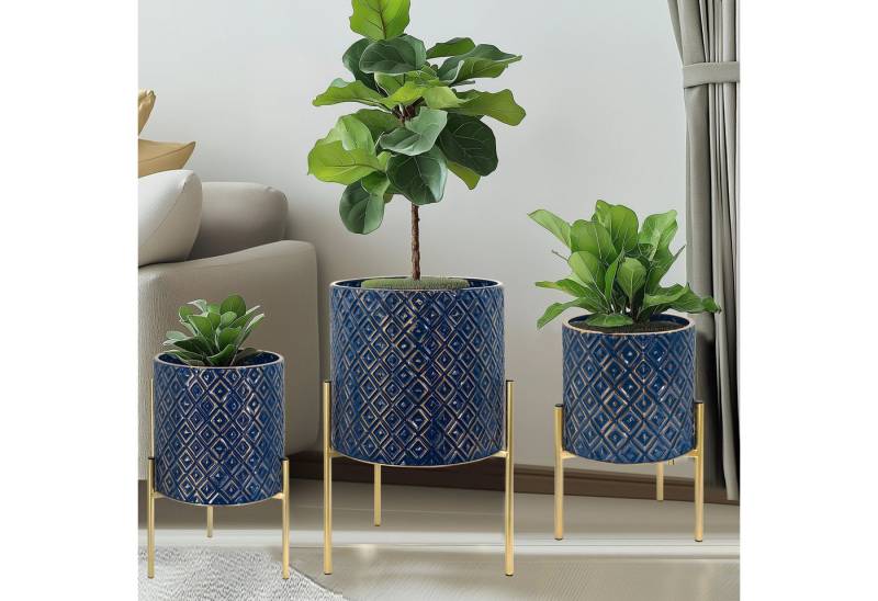 G-LEAF Blumentopf Moderne Pflanzgefäße aus Metall mit einzigartigem Rautenmuster (3 St), mit stabilem Goldständer, einfach zu montieren, blau von G-LEAF