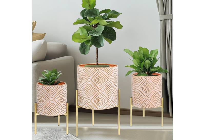 G-LEAF Blumentopf Moderne Pflanzgefäße aus Metall mit einzigartigem Rautenmuster (3 St), mit stabilem Goldständer, einfach zu montieren, orange von G-LEAF