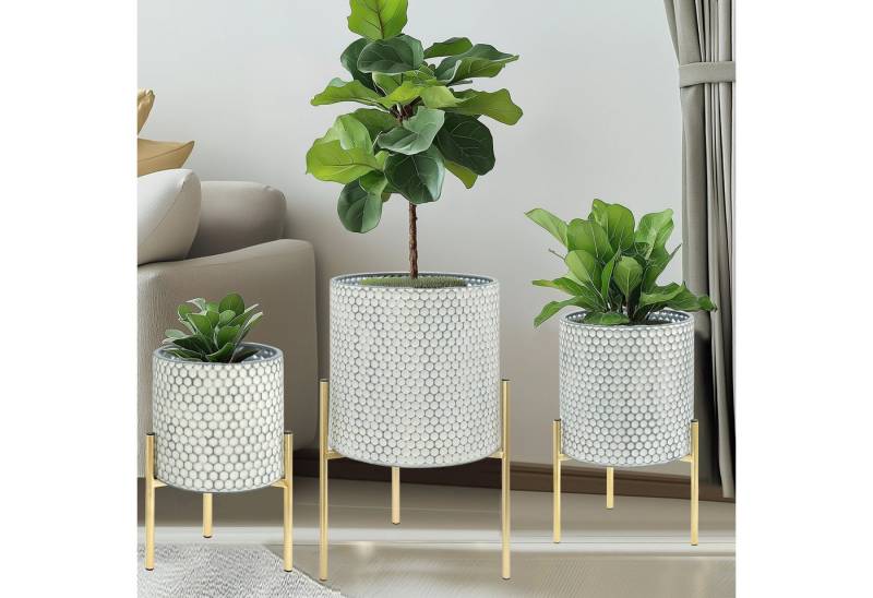 G-LEAF Blumentopf Moderne Pflanzgefäße aus Metall mit einzigartigem Rautenmuster (3 St), mit stabilem Goldständer, einfach zu montieren, weiß von G-LEAF