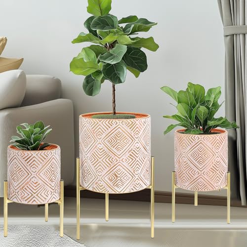 G-LEAF Set 3 Pflanzgefäße mit Gold Ständer aus Metall 25&20&15cm Hoch, Innen&Outdoor Moderne Blumentöpfe mit Geometrie Rautenmuster für Wohnzimmer Ecke/Küche/Büro/Garten/Balkon Dekoration(Orange) von G-LEAF