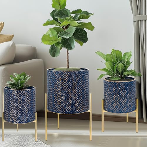 G-LEAF Set 3 Pflanzgefäße mit Gold Ständer aus Metall 25&20&15cm Hoch, Innen&Outdoor Moderne Blumentöpfe mit Relief Rautenmusterfür Wohnzimmer Ecke/Küche/Büro/Garten/Balkon Dekoration (Dunkelblau) von G-LEAF