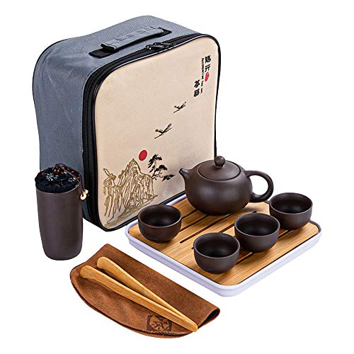 G-LIKE Keramik Teeservice Zisha-Ton Unglasiert - Traditionelles Chinesisches Teegeschirr aus Lila Ton Tragbare Geschenkbox mit 1 Teekanne 1 Teedose 1 Teebrett 4 Teetassen Teeset Gong Fu Stil (Ton) von G-LIKE