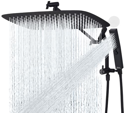 G-Promise All Metal 16 Zoll Duschkopf mit Massagemodus Handbrause Regenduschkopf mit Handbrause Combo, 3-Wege-Umsteller mit Pause-Einstellung, 30.5 cm Verstellbarer Verlängerungsarm (Mattschwarz) von G-Promise