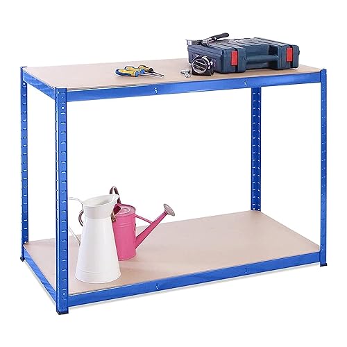 Garagen-Werkbank und Regalsystem: 90 cm x 120 cm x 60 cm | Blau - 2 Stufig | 300 kg pro Regal (600 kg Kapazität) | 5 Jahre Garantie von G-Rack