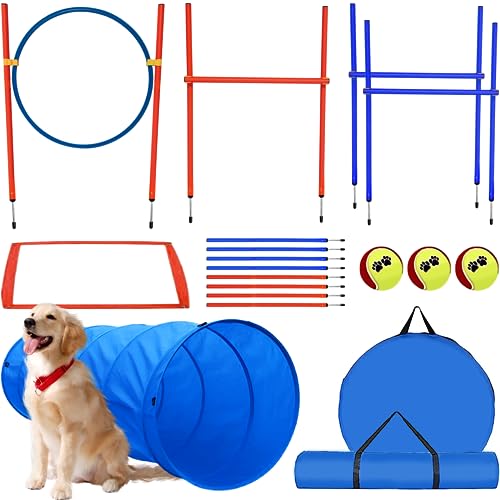 G TALECO GEAR Agility Set Hunde, 7-teiliges Set Agility Ausrüstung für Hunde, Agility Set mit 180CM Hundetunnel, Einstellbar Springring, 3 Einstellbar Hürdenstange, 8 Slalomstangen von G TALECO GEAR