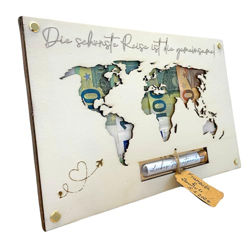 Geldgeschenk Hochzeit Weltkarte aus Holz | Einzigartiges Hochzeitsgeschenk für Brautpaar | Paargeschenk | Hochzeits-Geldgeschenk | Flitterwochen-Geschenk | Personalisierbar im Reagenzglas von G U T H E Lifestyle