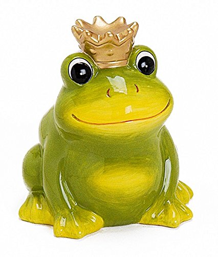 Spardose Frosch Froschkönig aus Keramik 12 cm groß grün mit Krone Gold, Gelddose Sparbüchse abschließbar mit Schlüssel, Geschenk zur Geburt Taufe Geburtstag von TEMPELWELT